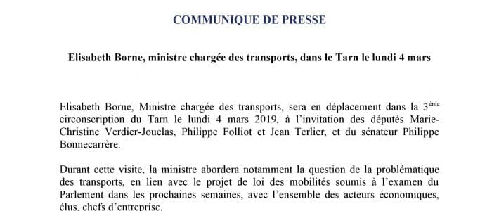 Communiqué de presse : la ministre des Transports Elisabeth BORNE dans le Tarn Communiqué de presse : la ministre des Transports Elisabeth BORNE dans le Tarn