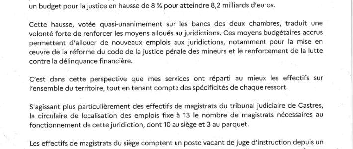 Philippe Folliot alerte le Ministre de la Justice : un juge d&rsquo;instruction sera nommé au tribunal judiciaire de Castres