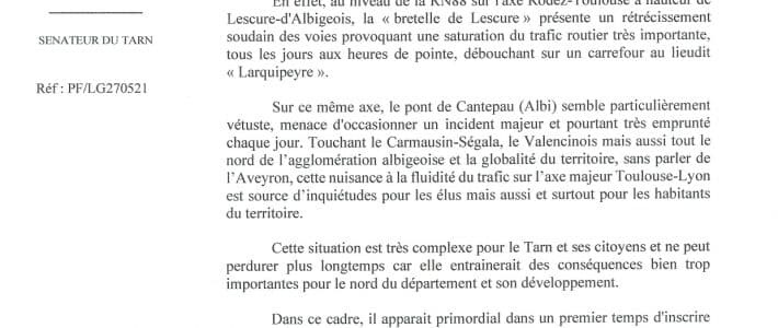 Philippe Folliot alerte l&rsquo;Etat sur la situation complexe de la RN88, dans le nord du Tarn